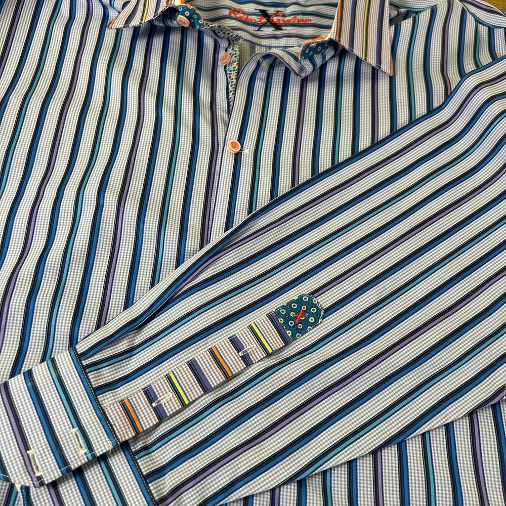 ROBERT GRAHAM Flip Cuff Striped Gingham Button Down Shirt Blue Purple 2XL - Picture 10 of 16